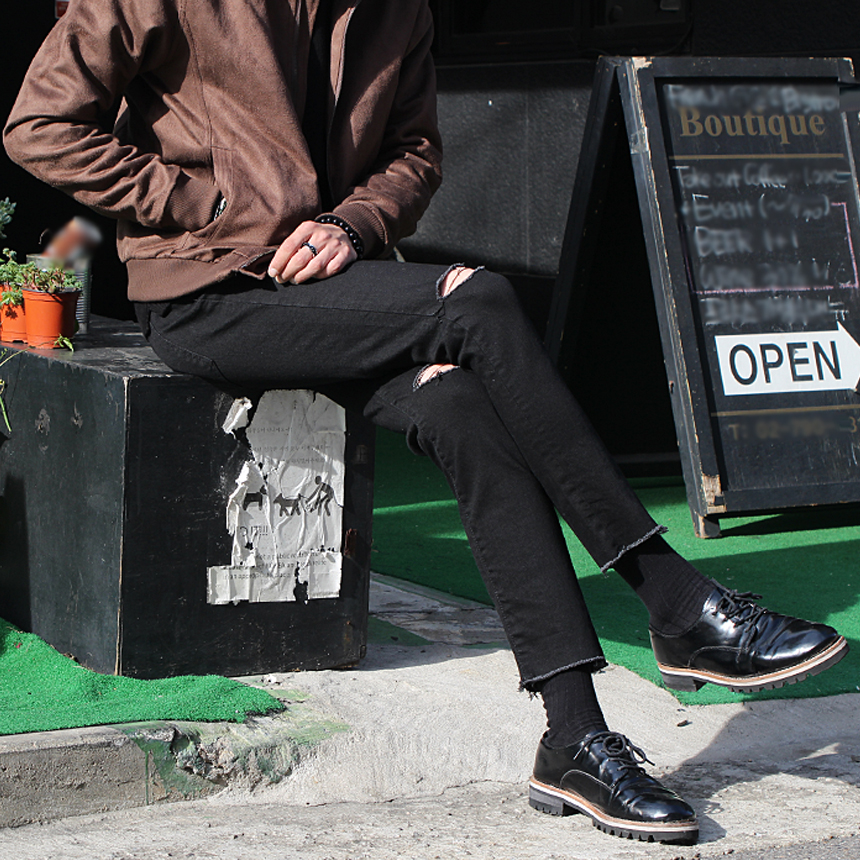 Korea Jeans Pants 1605 Man Torn Black Jean Size SM