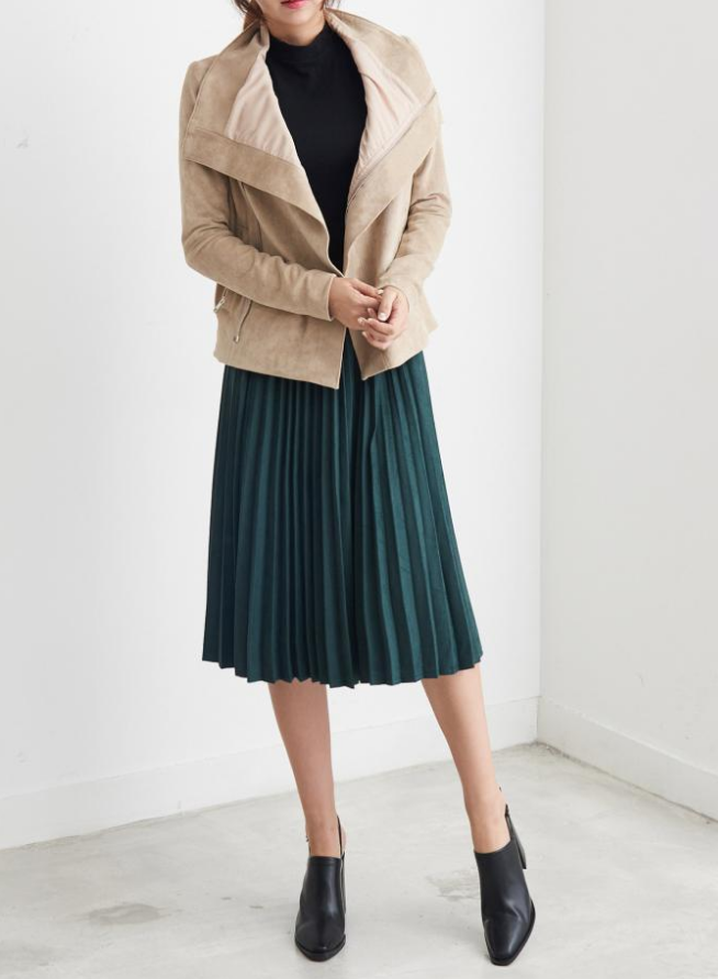 Suede pleated long skirt black green camel pleated