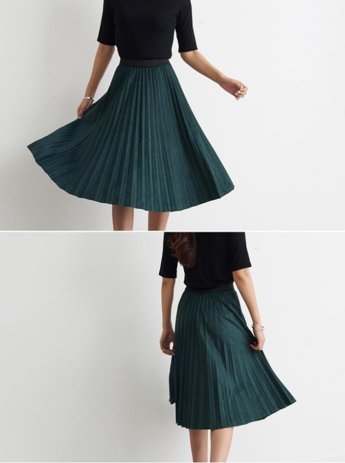 Suede pleated long skirt black green camel pleated