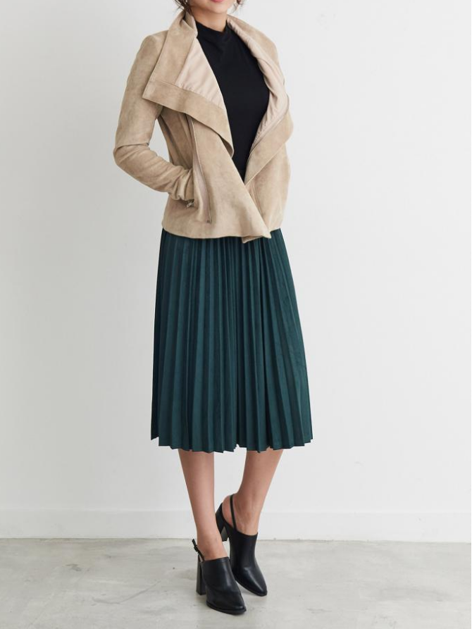 Suede pleated long skirt black green camel pleated