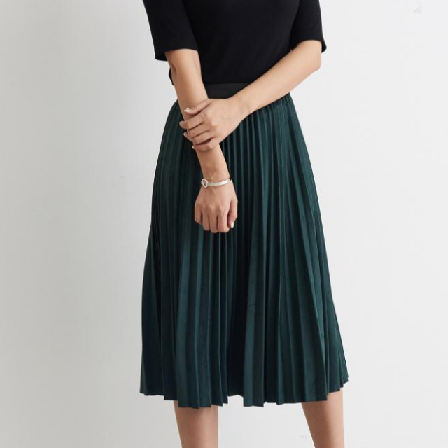 Suede pleated long skirt black green camel pleated