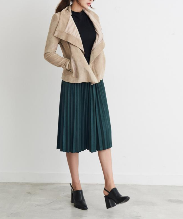 Suede pleated long skirt black green camel pleated