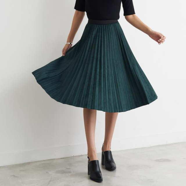Suede pleated long skirt black green camel pleated