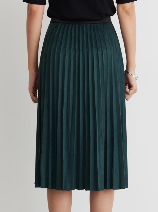 Suede pleated long skirt black green camel pleated