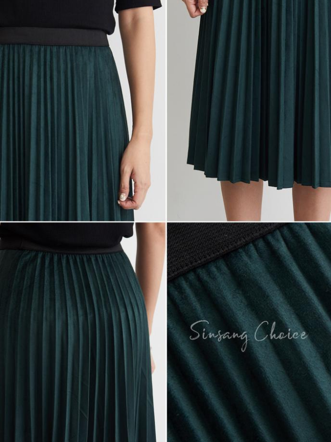 Suede pleated long skirt black green camel pleated