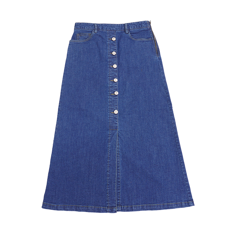 High-waisted denim knit button Cheongsam Span Long