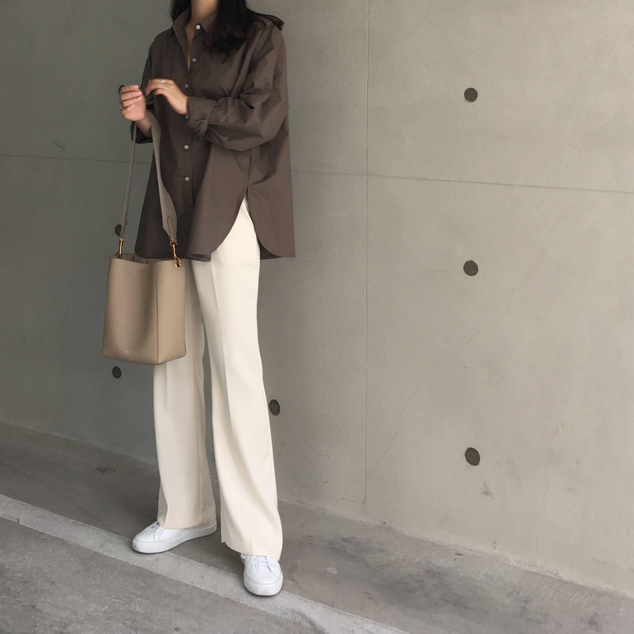 Round-top shirt Basic loose-fitting khaki gray O B