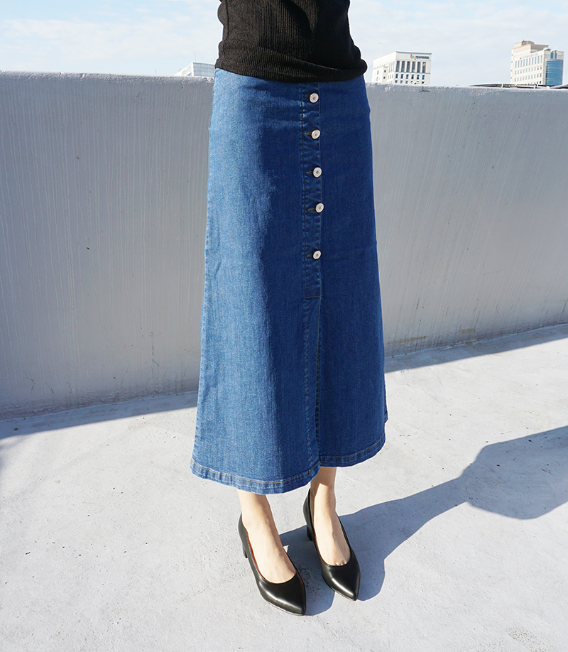 High-waisted denim knit button Cheongsam Span Long