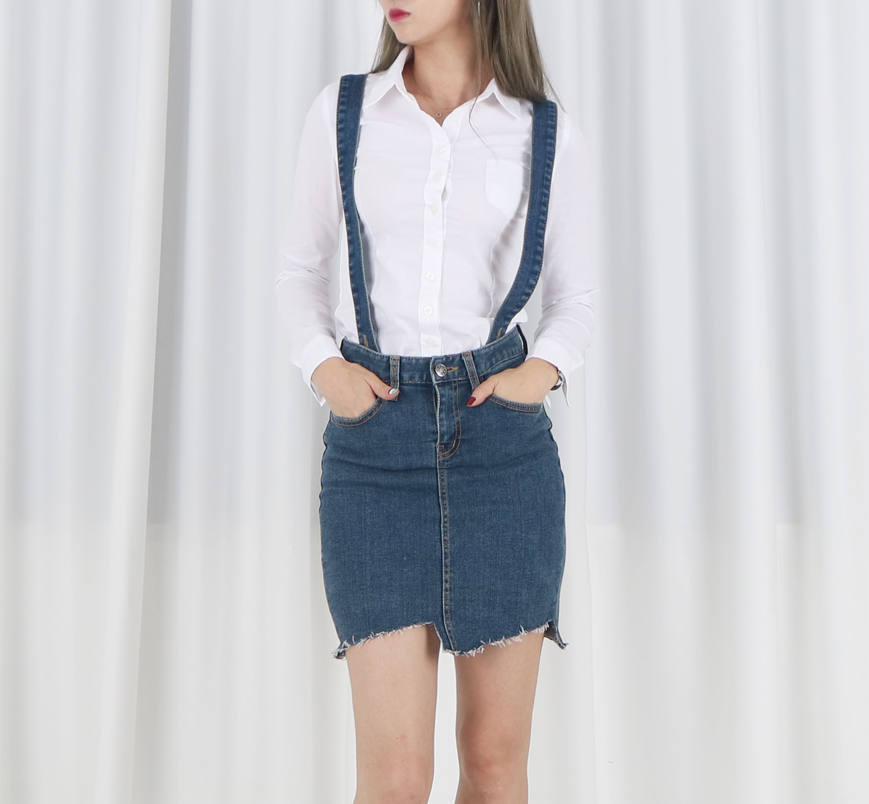 Denim Skirt Span Mini suspenders Cheongsam Pretty 