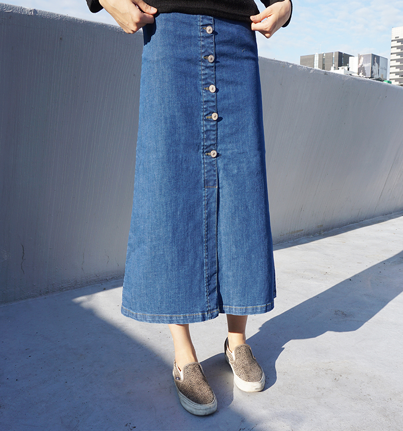 High-waisted denim knit button Cheongsam Span Long