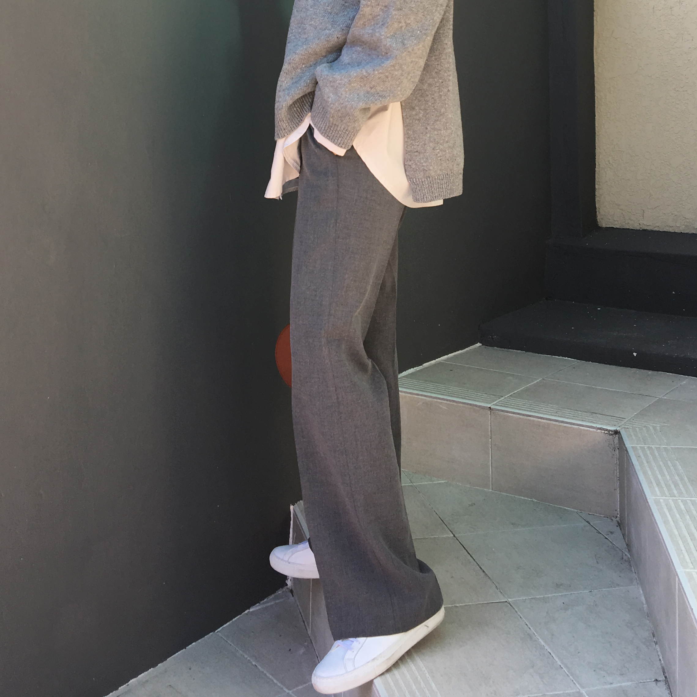 Round-top shirt Basic loose-fitting khaki gray O B