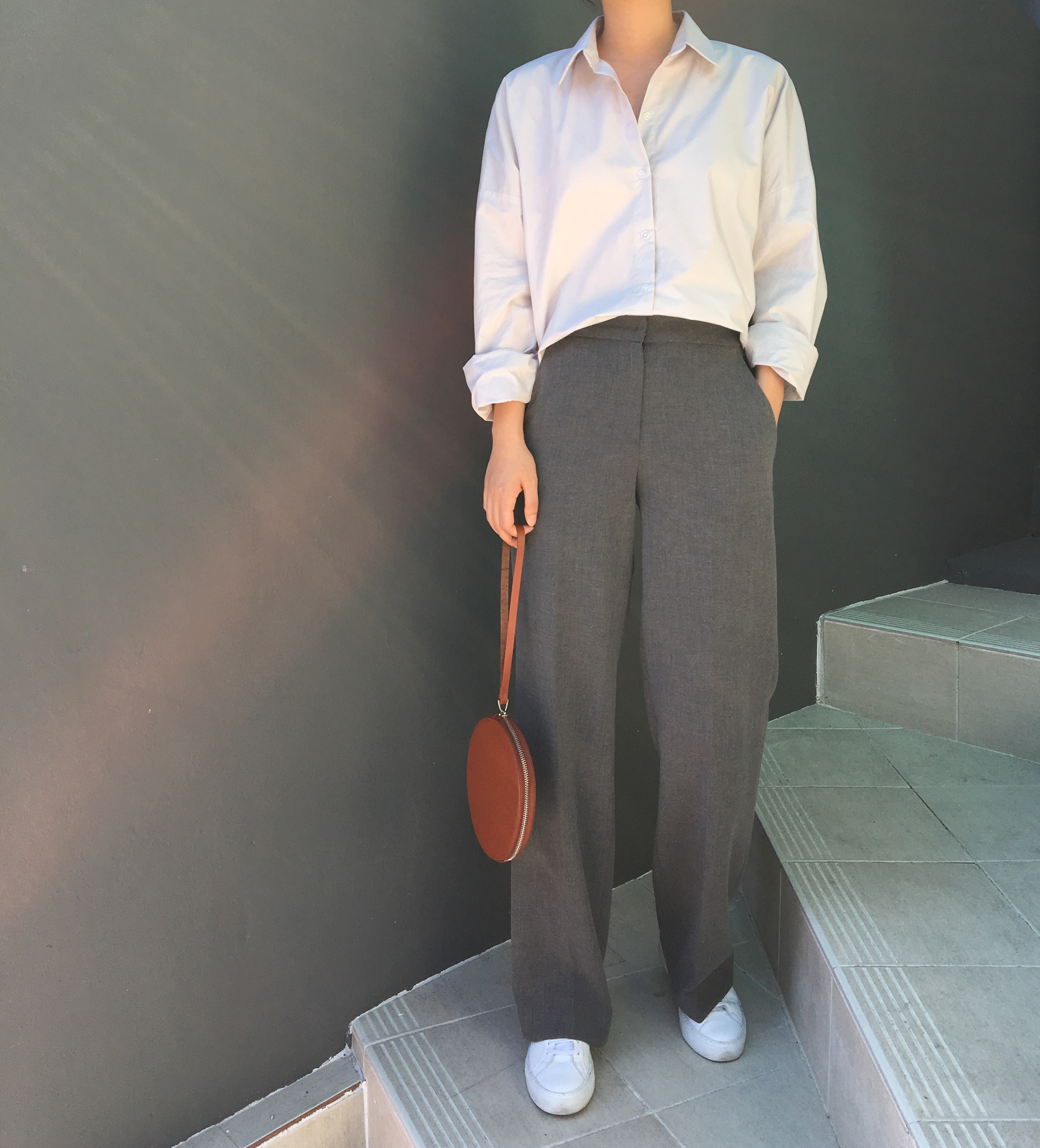 Round-top shirt Basic loose-fitting khaki gray O B