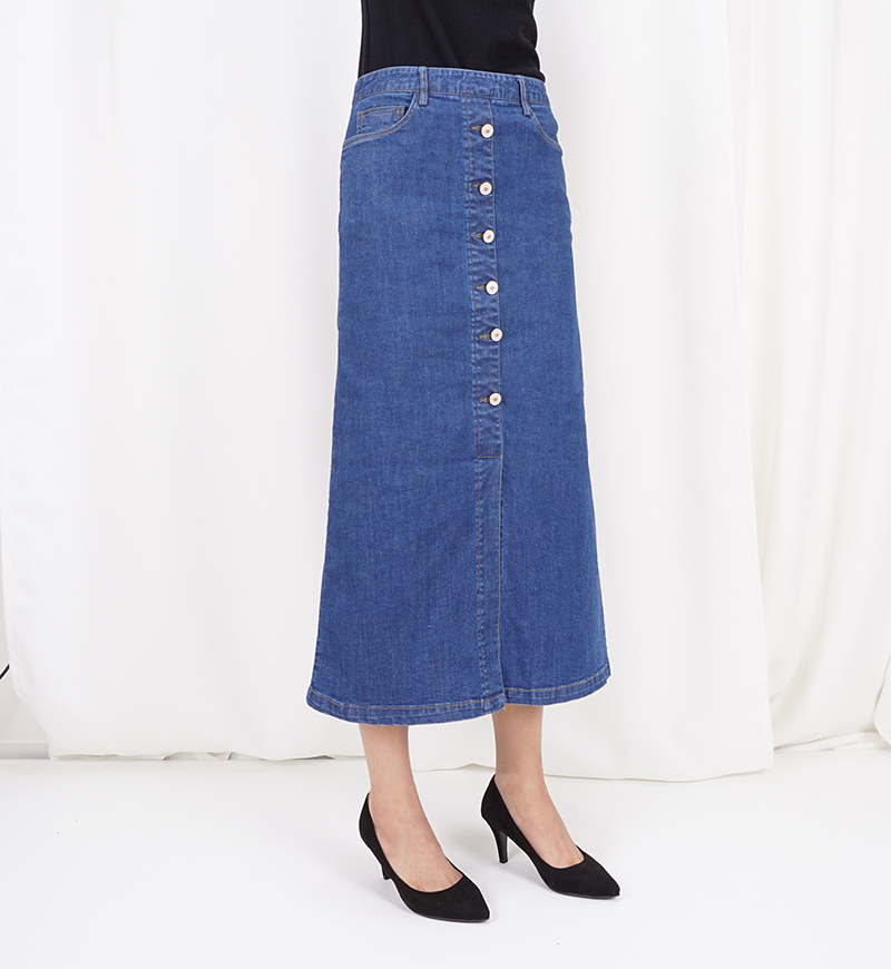 High-waisted denim knit button Cheongsam Span Long