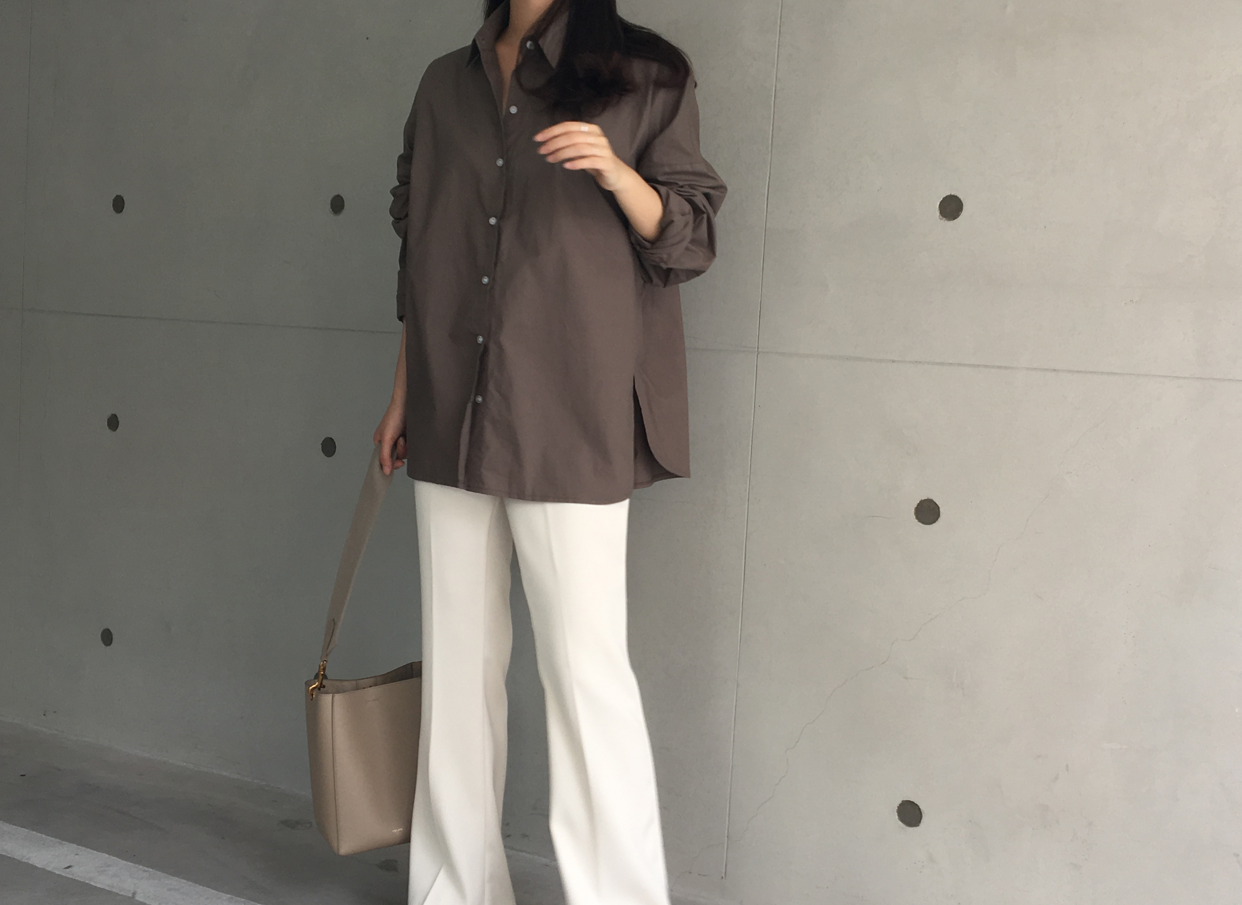 Round-top shirt Basic loose-fitting khaki gray O B