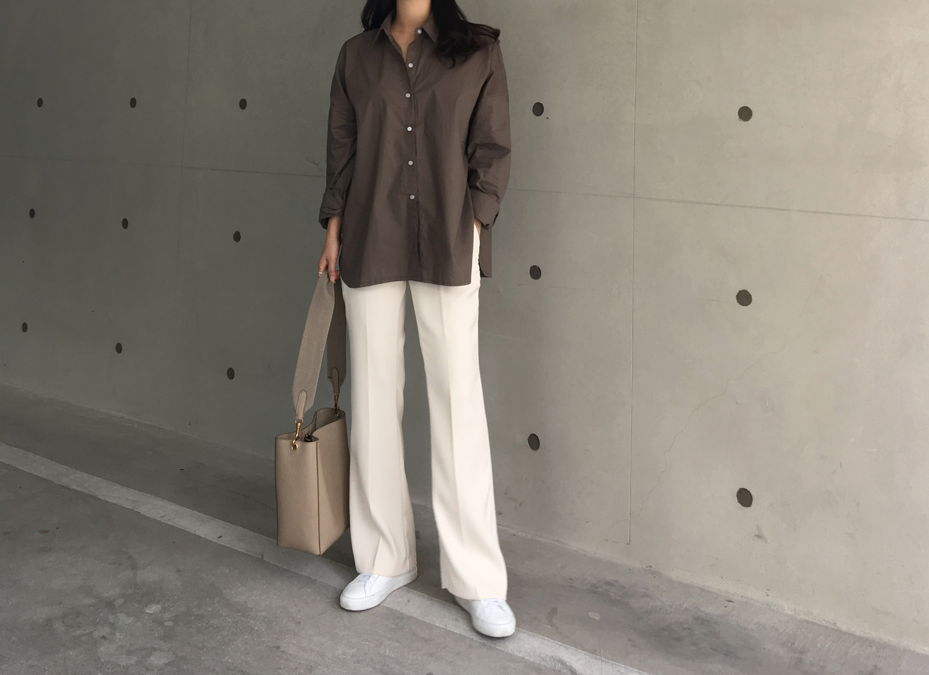 Round-top shirt Basic loose-fitting khaki gray O B