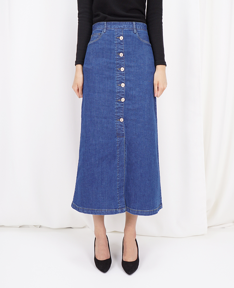 High-waisted denim knit button Cheongsam Span Long