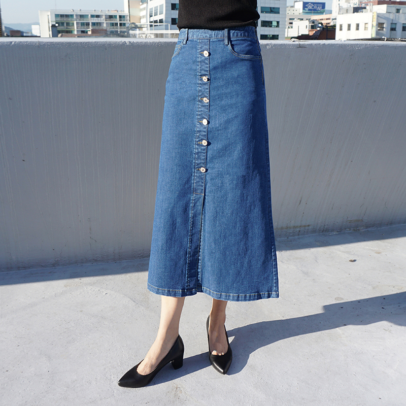 High-waisted denim knit button Cheongsam Span Long