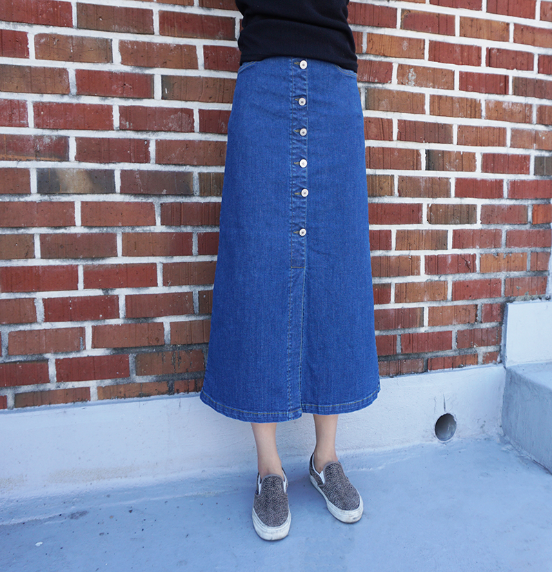 High-waisted denim knit button Cheongsam Span Long