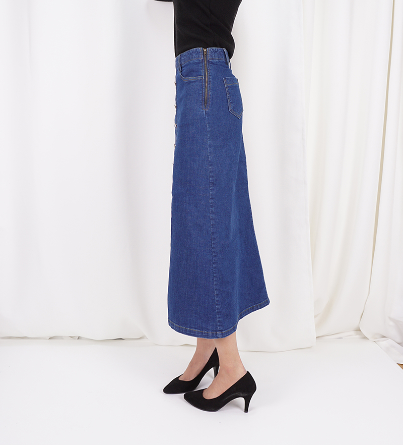 High-waisted denim knit button Cheongsam Span Long