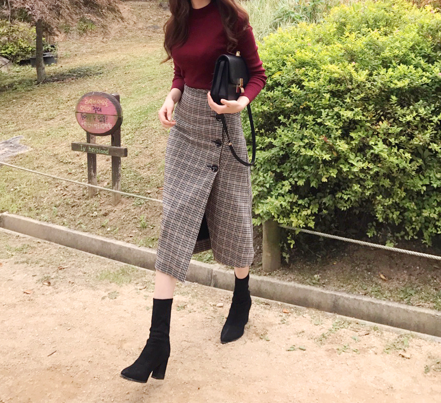 Check Long Button Skirt Wool Fall Winter