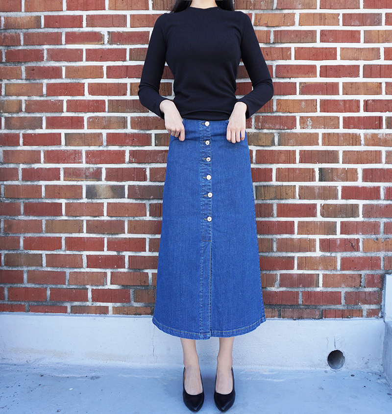 High-waisted denim knit button Cheongsam Span Long