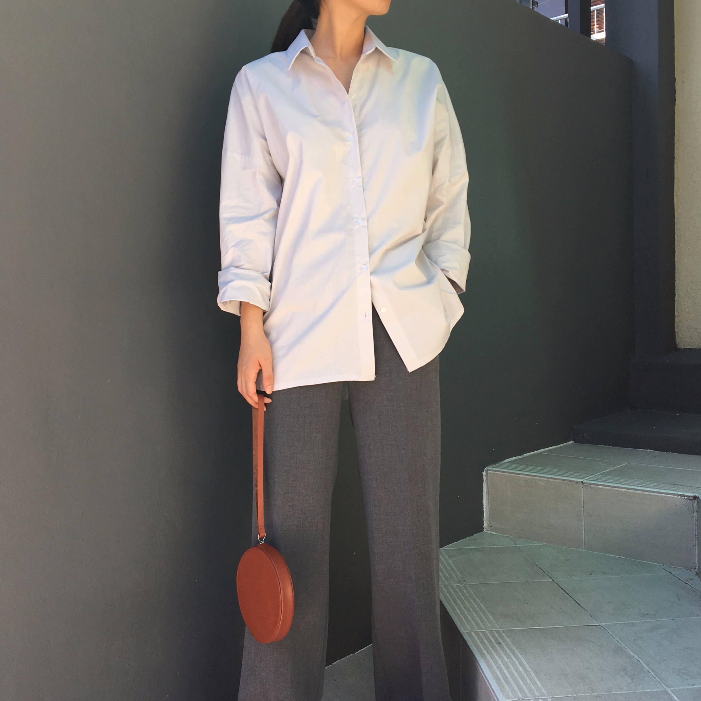 Round-top shirt Basic loose-fitting khaki gray O B