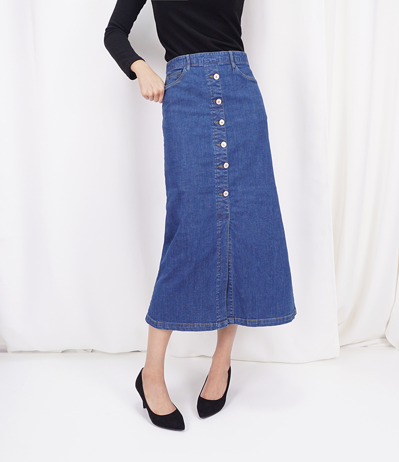High-waisted denim knit button Cheongsam Span Long