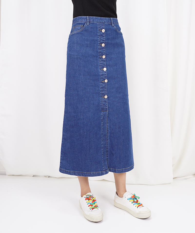 High-waisted denim knit button Cheongsam Span Long