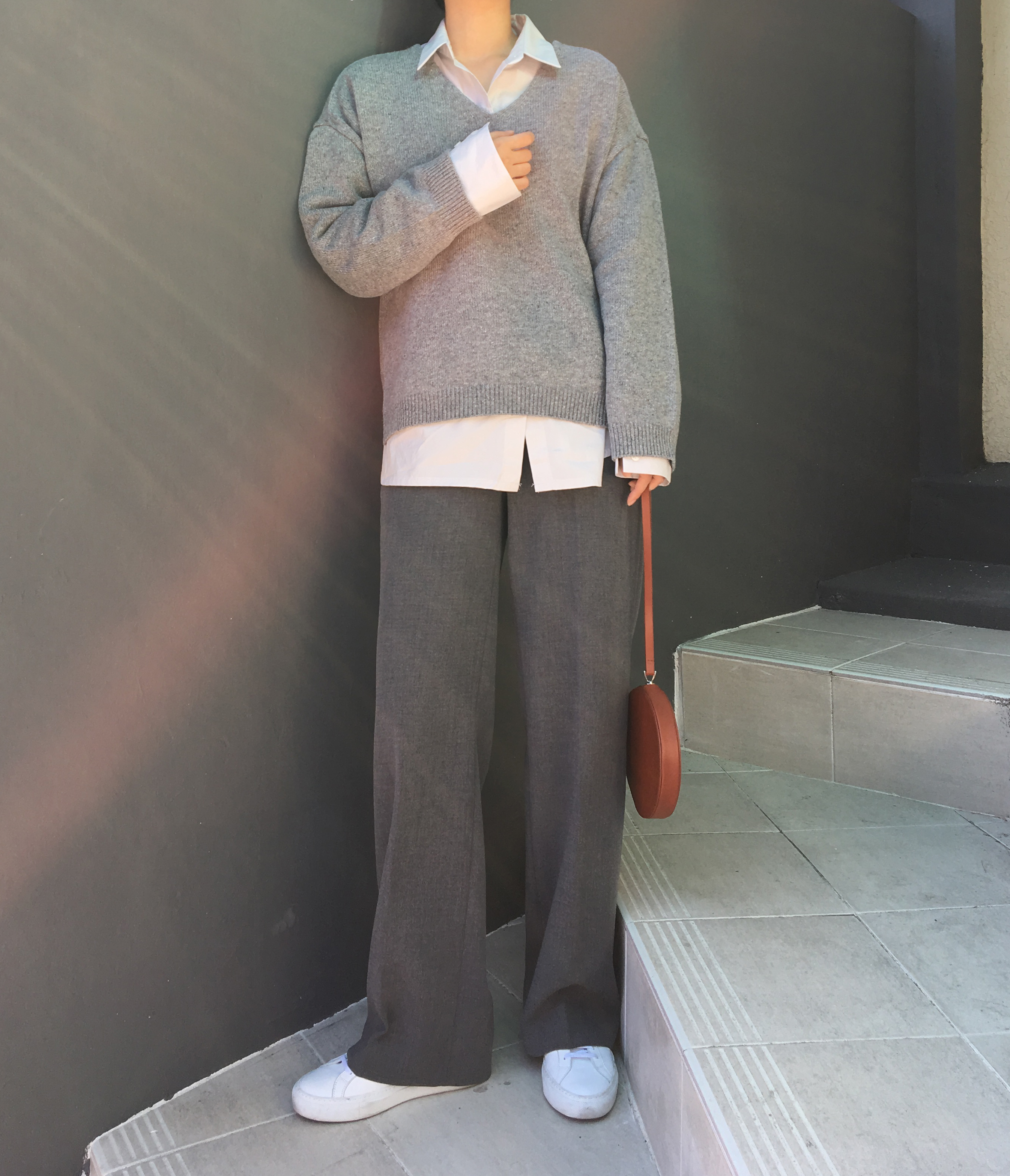 Round-top shirt Basic loose-fitting khaki gray O B