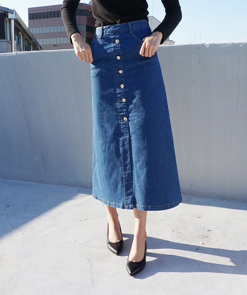 High-waisted denim knit button Cheongsam Span Long