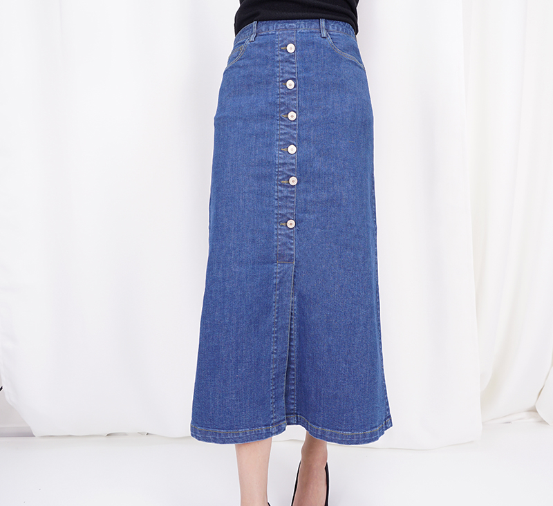 High-waisted denim knit button Cheongsam Span Long