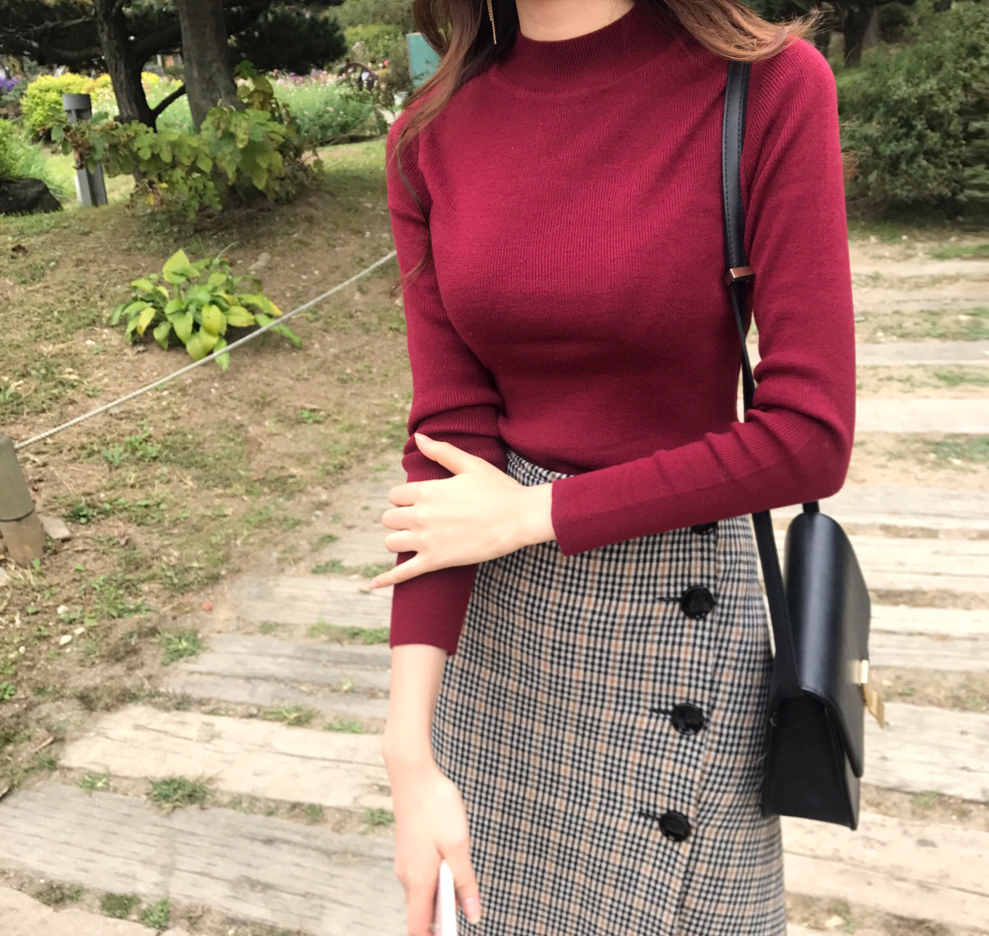 Check Long Button Skirt Wool Fall Winter