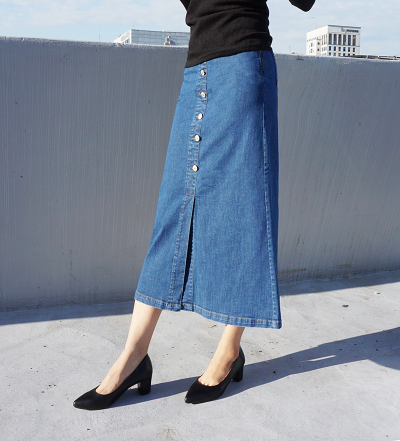 High-waisted denim knit button Cheongsam Span Long