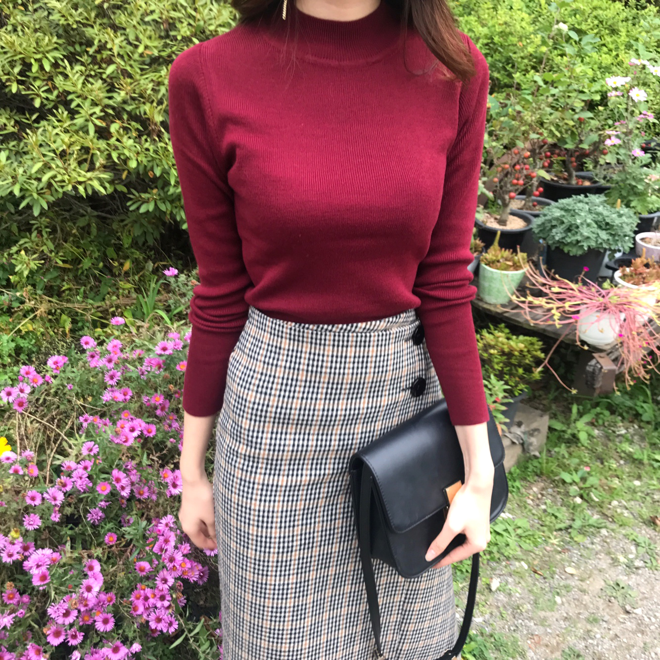 Check Long Button Skirt Wool Fall Winter