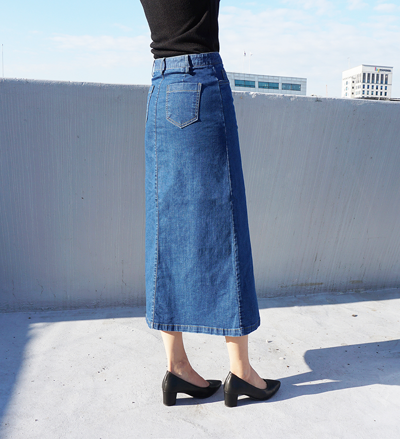 High-waisted denim knit button Cheongsam Span Long