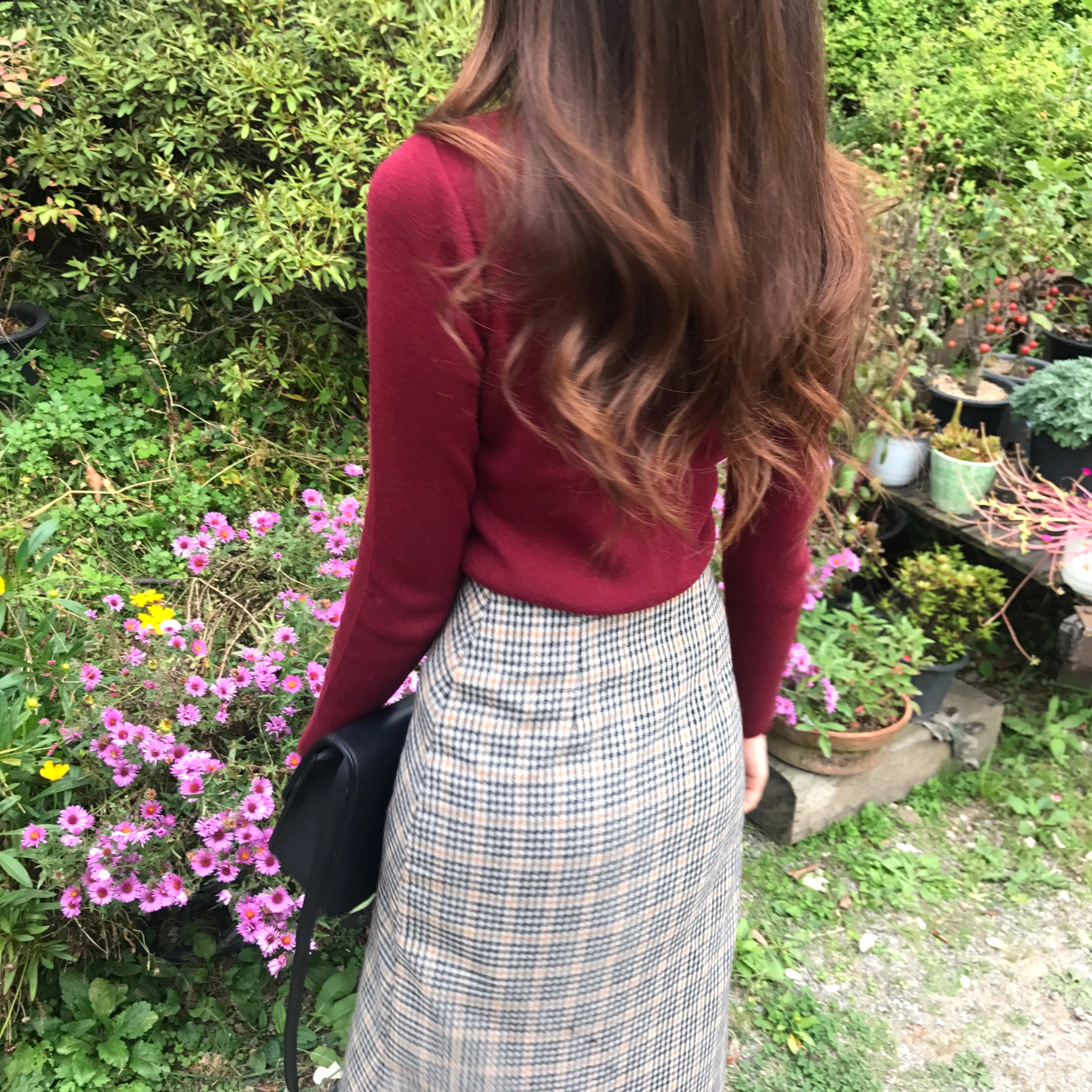 Check Long Button Skirt Wool Fall Winter