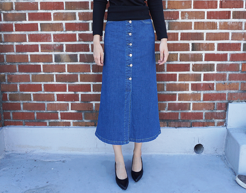 High-waisted denim knit button Cheongsam Span Long