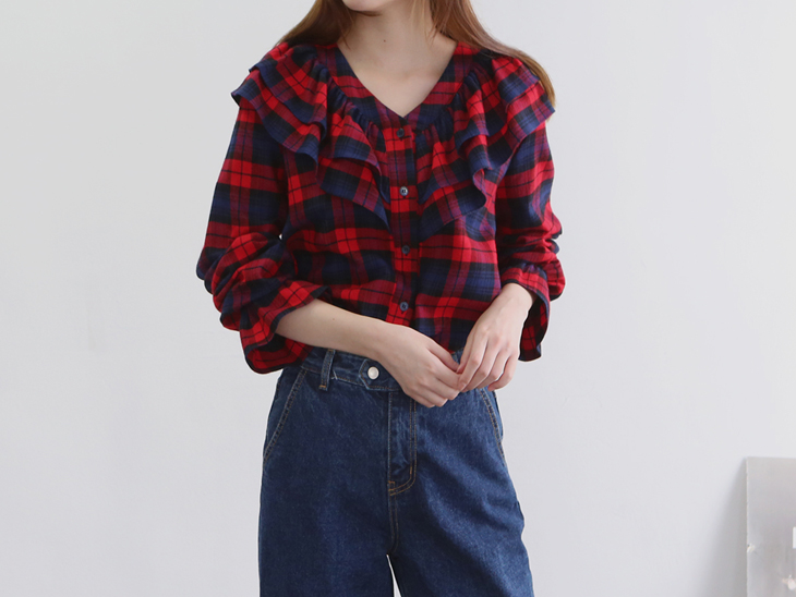 Shopping Cell Race Check Shirt 2Color Shoulder V N