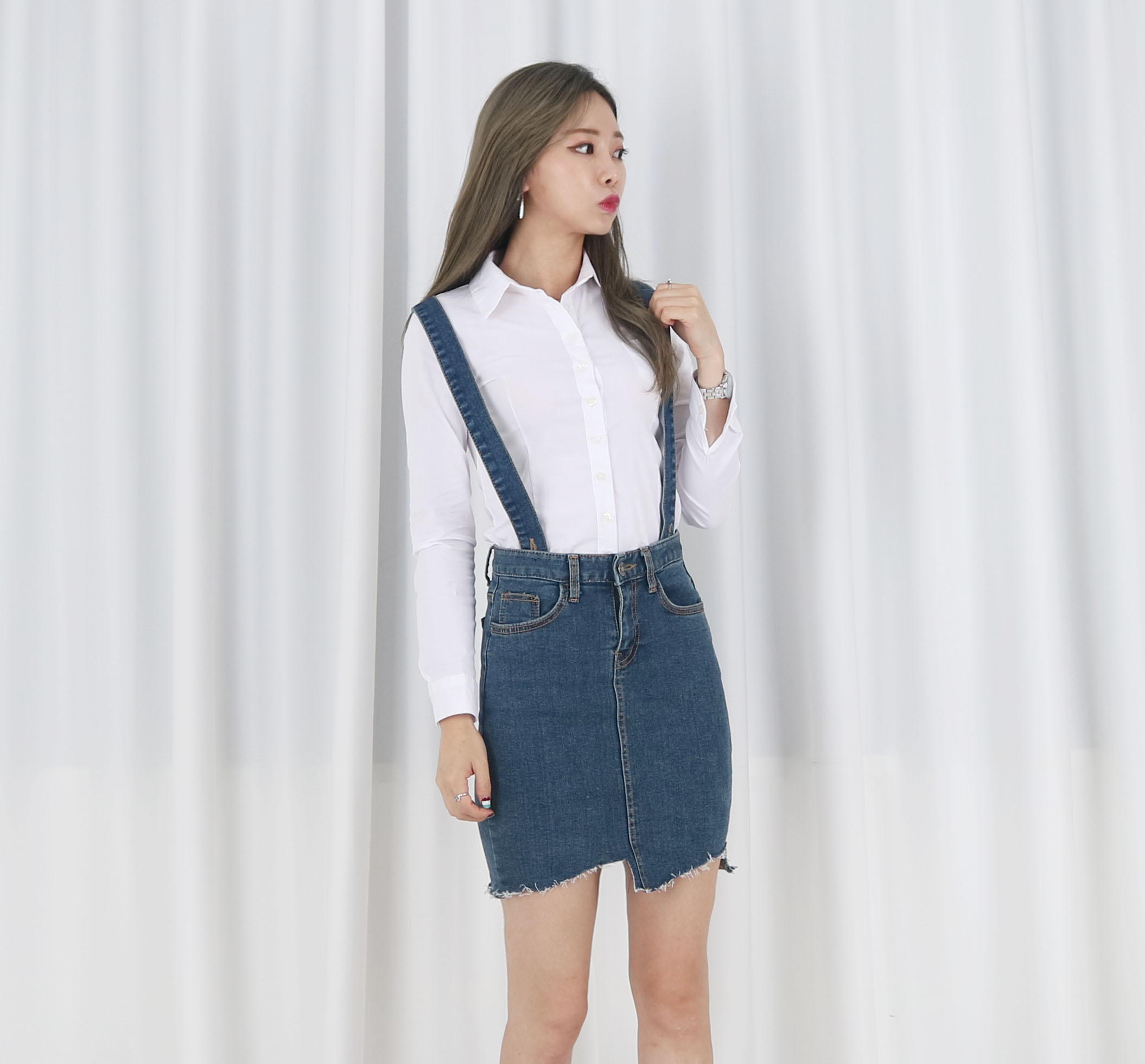 Denim Skirt Span Mini suspenders Cheongsam Pretty 