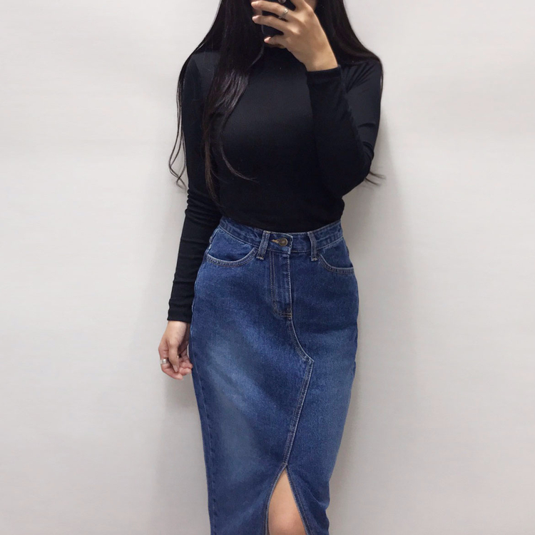 Denim skirt front denim long skirt sneakers h line