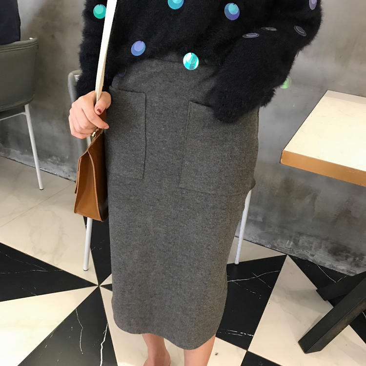 Maid Jay Pocket H Line-Bending Wool Long Skirt Fal