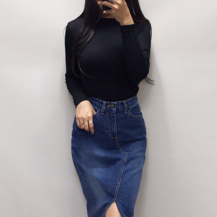 Denim skirt front denim long skirt sneakers h line