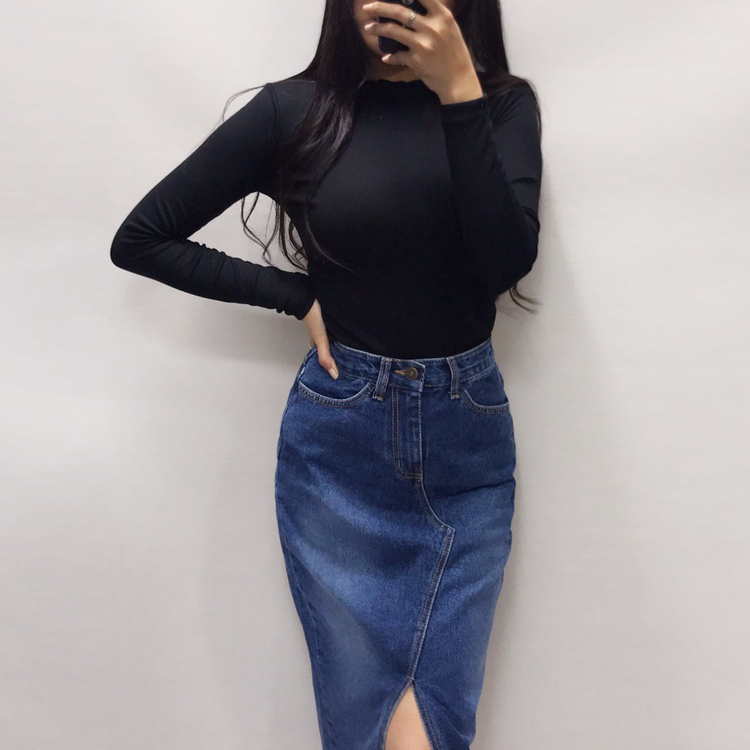 Denim skirt front denim long skirt sneakers h line