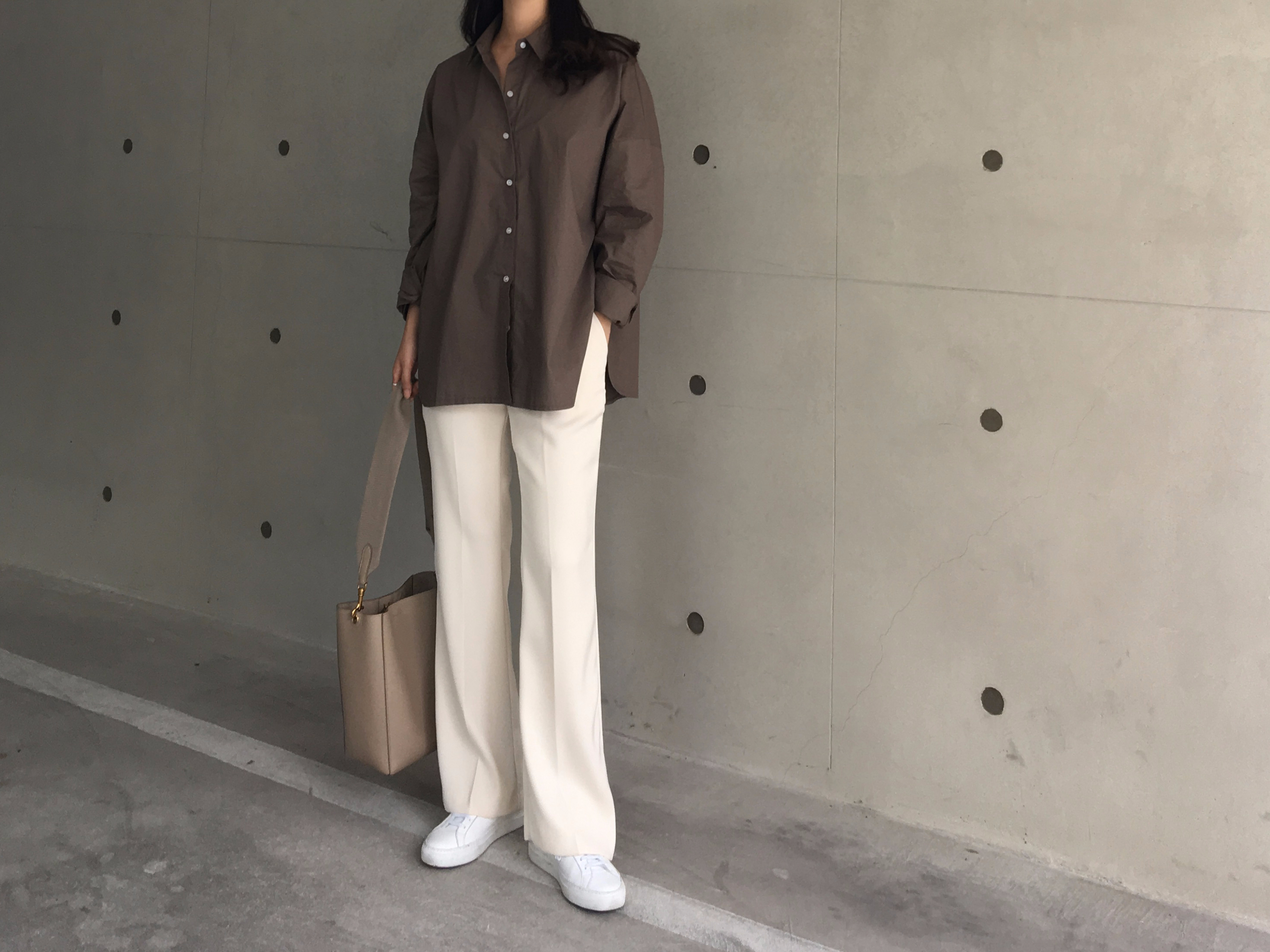 Round-top shirt Basic loose-fitting khaki gray O B