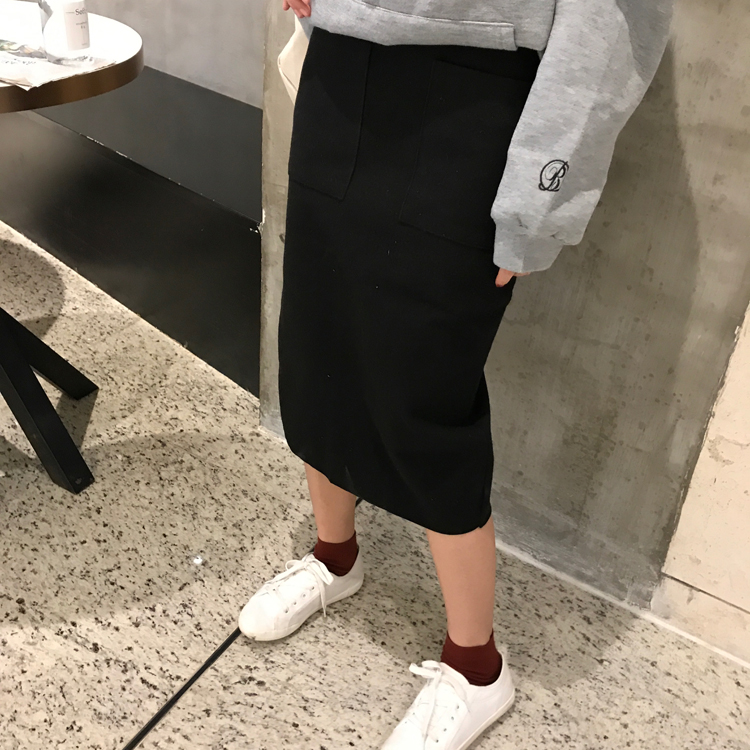 Maid Jay Pocket H Line-Bending Wool Long Skirt Fal