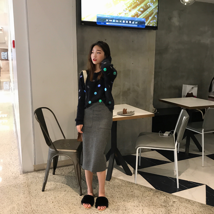 Maid Jay Pocket H Line-Bending Wool Long Skirt Fal