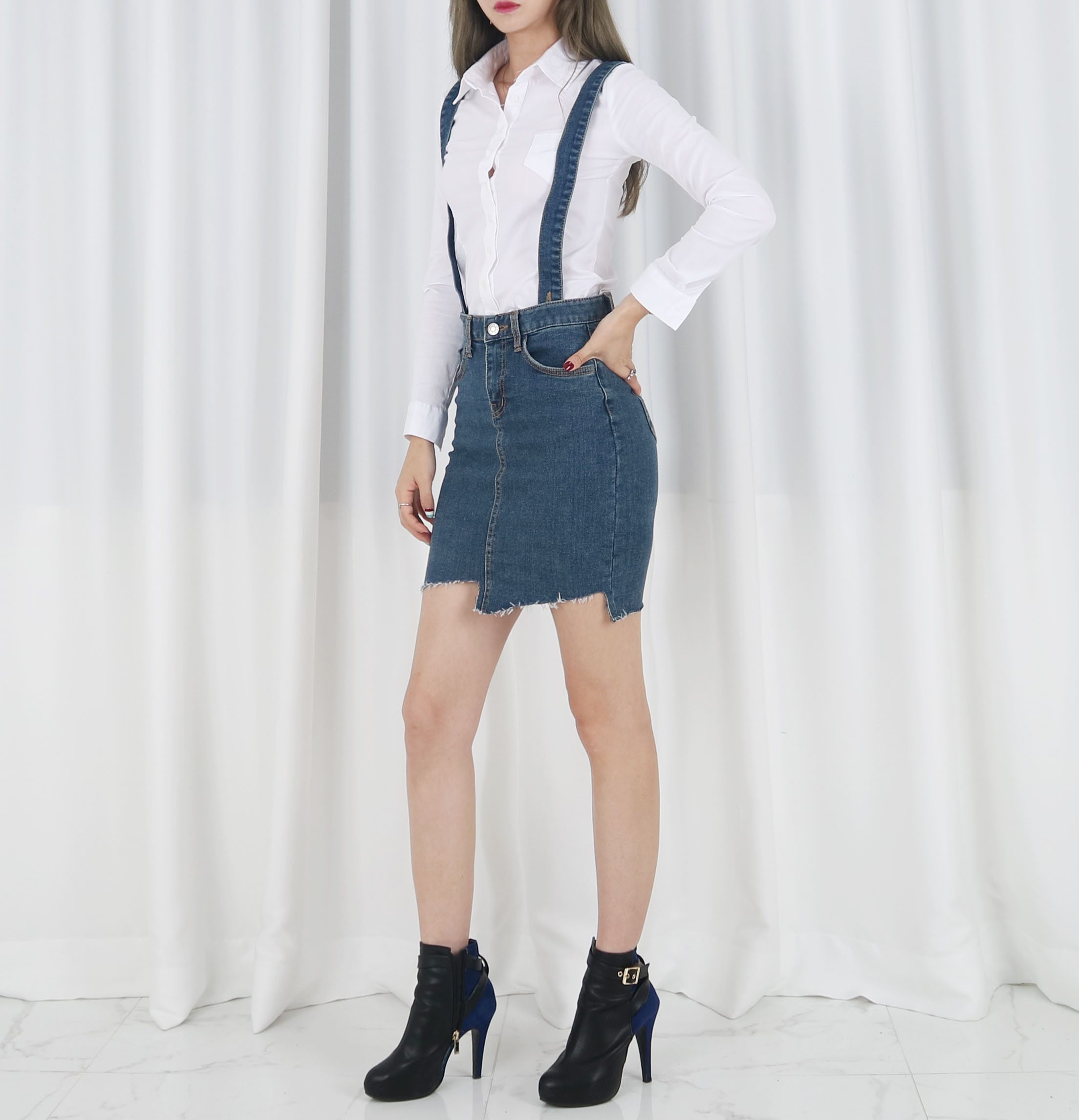 Denim Skirt Span Mini suspenders Cheongsam Pretty 