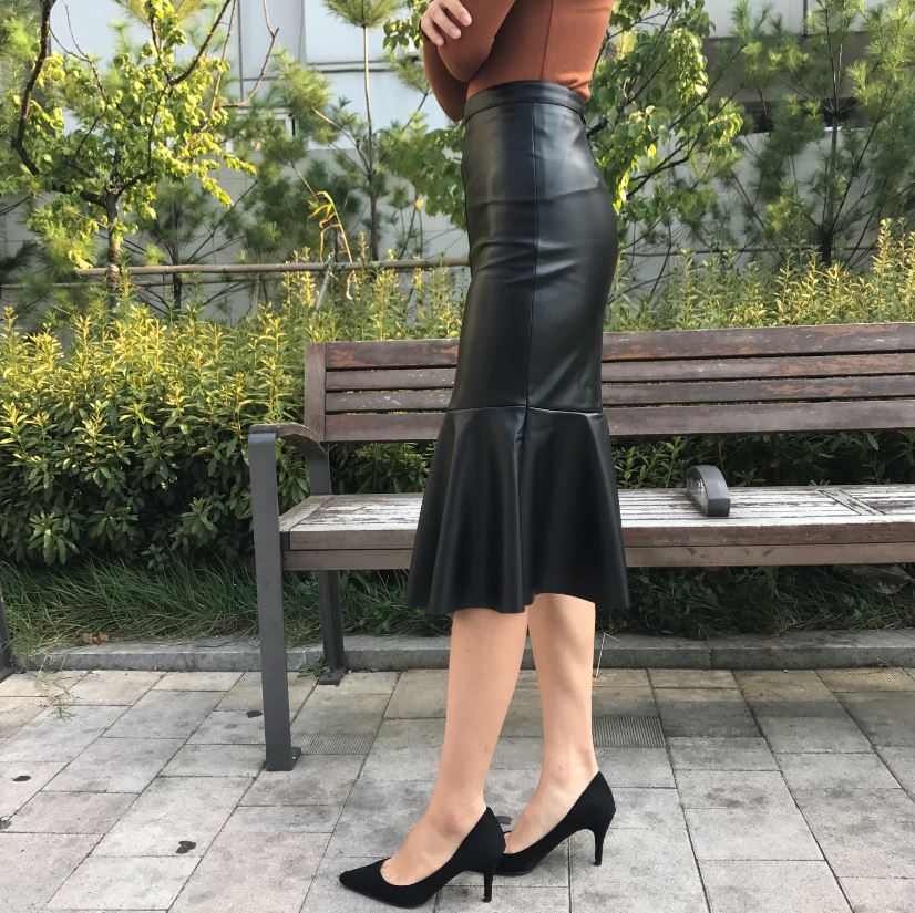 Unalud Leather Mermaid Black Long Skirt Midi Leath