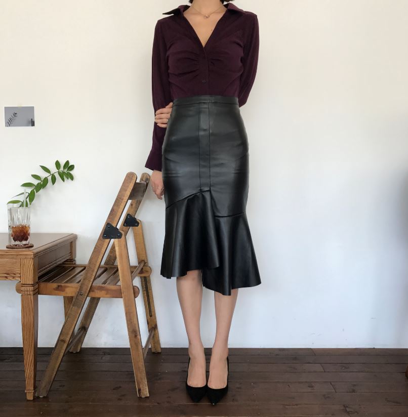 Unalud Leather Mermaid Black Long Skirt Midi Leath