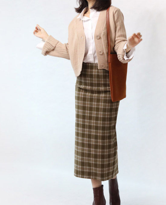 H Line Check Long Skirts Midi Mid Autumn Winter Wo